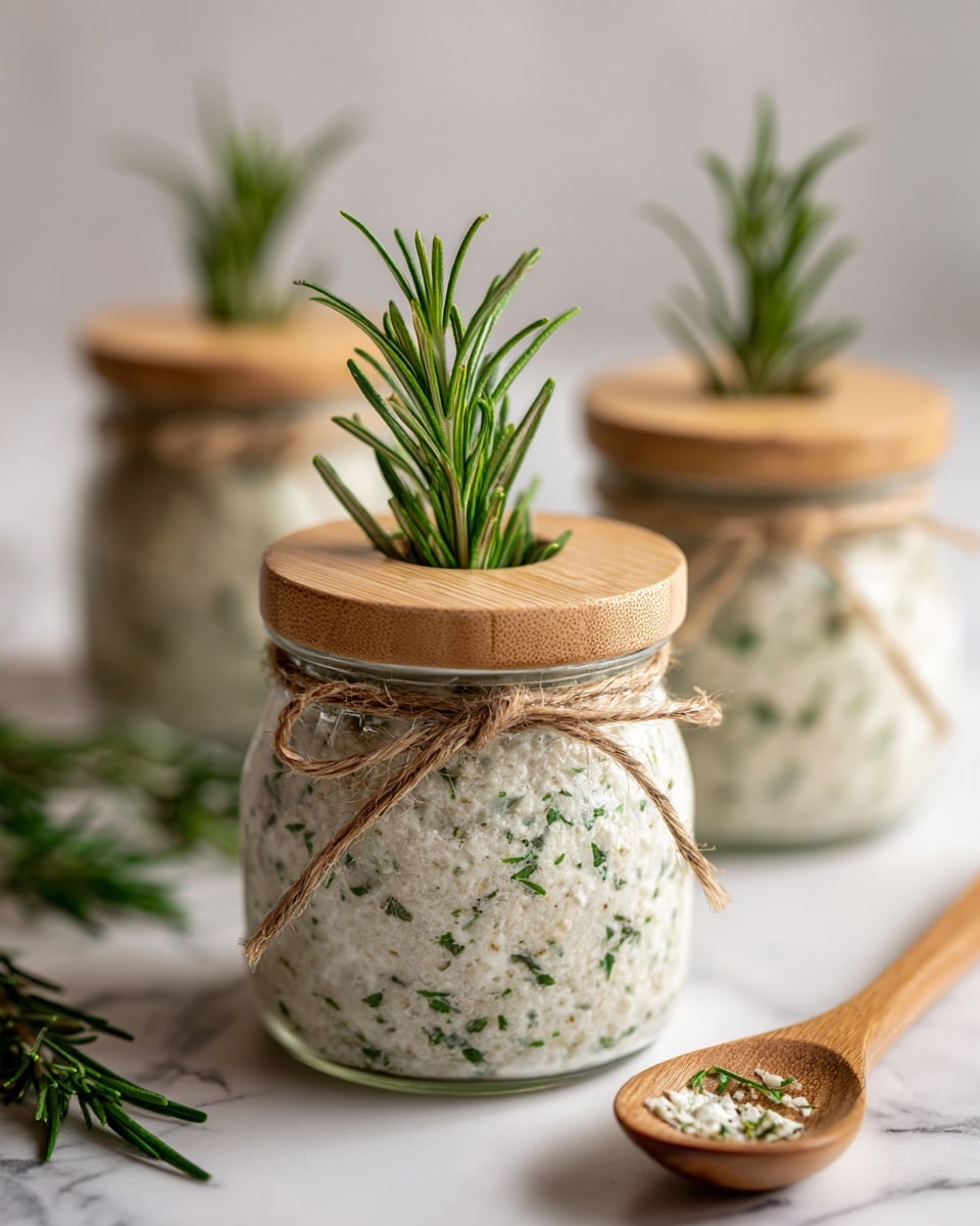 A clear glass jar filled with a rough, white and green salt mixture, wrapped with a piece of brown twine tied in a bow around the middle. A sprig of fresh green rosemary is tucked under the twine, standing tall and slightly curved. The jar is topped with a smooth, light brown wooden lid. Behind it, two similar glass containers filled with the same salt mix are visible but blurred, both holding a sprig of rosemary. In the foreground, a white spoon with a golden handle is slightly out of focus but holds a small mound of the same salt mixture. The whole scene is set on a white marbled surface with a soft, dark brown background. Photo taken with an iphone --ar 4:5 --v 7