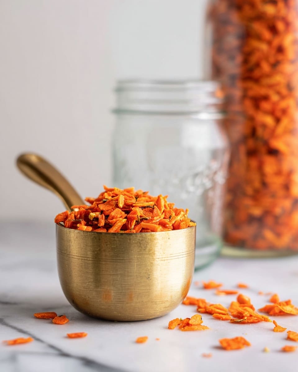A shiny gold measuring cup filled to the brim with bright orange dried carrot pieces sits on a white marbled surface. Around the cup, loose dried carrot pieces are scattered randomly. Behind the cup, a clear glass jar is out of focus, empty and with white writing on it. Further back, on the right side, a tall glass jar filled with the same bright orange dried carrot pieces fills the background. The whole scene is lit softly, emphasizing the warm orange color of the carrots against the clean, white marbled surface. photo taken with an iphone --ar 4:5 --v 7