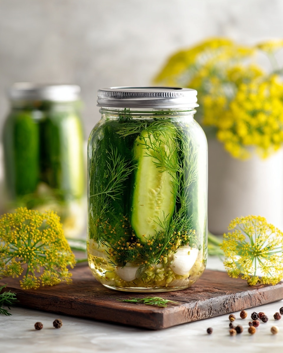 A clear glass jar filled with vertically placed fresh green cucumbers, with sprigs of green dill layered throughout. At the bottom inside the jar, there are several whole white garlic cloves. The jar is sealed with a silver metal lid and sits on a wooden board. Beside the jar on the white marbled surface are scattered peppercorns in black, white, and brown. To the right, bright yellow dill flowers with delicate small buds and thin green stems are partially visible, housed in a white container. The background has a soft, warm wooden texture. Photo taken with an iphone --ar 4:5 --v 7