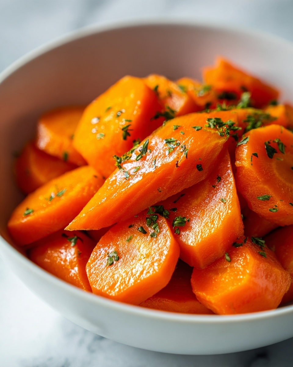 The image shows a close-up of cooked carrots cut into thick, round slices with a shiny, slightly glazed texture, and sprinkled evenly with small pieces of fresh green herbs. The carrots fill the shallow white bowl almost to the edges, with some slices stacked on top of others, creating a sense of depth. The bowl sits on a surface with a white marbled texture, visible only at the edges of the frame. In the background, there is a blurry hint of greenery, adding a soft natural touch to the scene. photo taken with an iphone --ar 4:5 --v 7