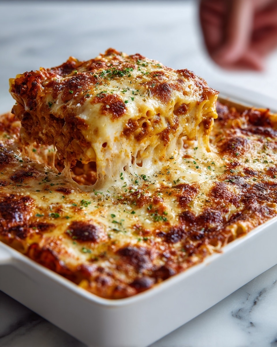 A square white ceramic baking dish filled with a baked macaroni and cheese dish. The top layer is melted, golden-brown cheese with some crispy spots and finely chopped herbs sprinkled over it. Below the cheesy top, you can see creamy, soft macaroni noodles tightly packed inside. The texture of the cheese is bubbly and slightly browned, covering all edges of the dish. The background is a white marbled surface, with a woman's hand holding the dish on one side. Photo taken with an iphone --ar 4:5 --v 7