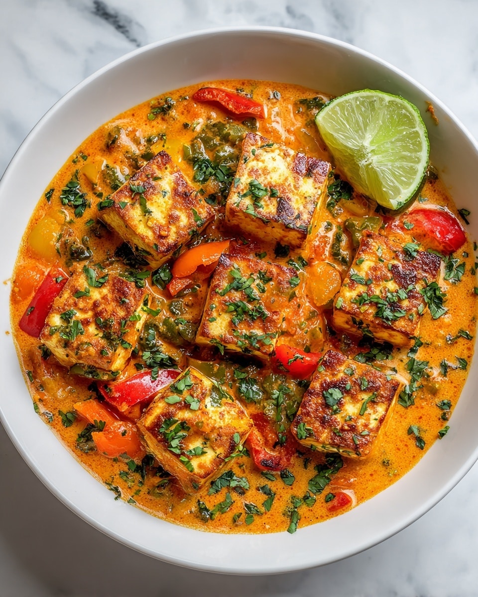 A white bowl filled with a rich orange curry base that covers the bottom and fills most of the bowl, topped with seven large, light brown tofu cubes evenly spaced on the surface. Bright red and yellow bell pepper strips are scattered among the tofu pieces, adding pops of color. Finely chopped fresh green herbs are sprinkled generously over the entire dish, adding a fresh contrast. The bowl is placed on a white marbled surface with half a lime beside it. photo taken with an iphone --ar 4:5 --v 7