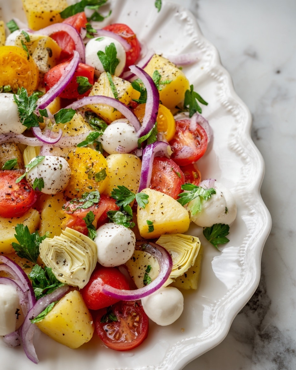A white plate is filled with a mixed salad featuring several layers. The base layer consists of roughly cut, pale yellow potato chunks with a soft texture. Scattered among the potatoes are bright red cherry tomatoes and thin slices of purple-red onion adding color contrast. Small white mozzarella balls are spread evenly on top, with black olive pieces scattered throughout. There are also light green artichoke slices and yellow pepper rings mixed in. The entire salad is garnished with fresh green parsley leaves and sprinkled with black pepper, all resting on a white marbled surface. Photo taken with an iphone --ar 4:5 --v 7