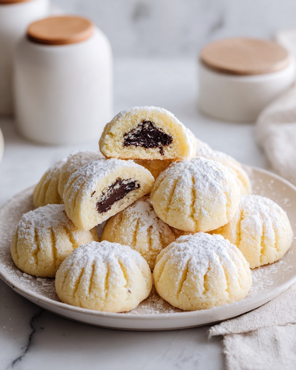 A white round plate holds a pile of small dome-shaped cookies with detailed ridged patterns on top, each dusted lightly with powdered sugar. The cookies are light beige in color and have a soft, crumbly texture; two of them are cut in half to show a rich, dark brown filling inside. The arrangement is neat with the cookies stacked in a pyramid shape. The plate is set on a surface with a white marbled texture, and in the background are blurred white ceramic jars with wooden lids and a small green plant in a white patterned pot. photo taken with an iphone --ar 4:5 --v 7