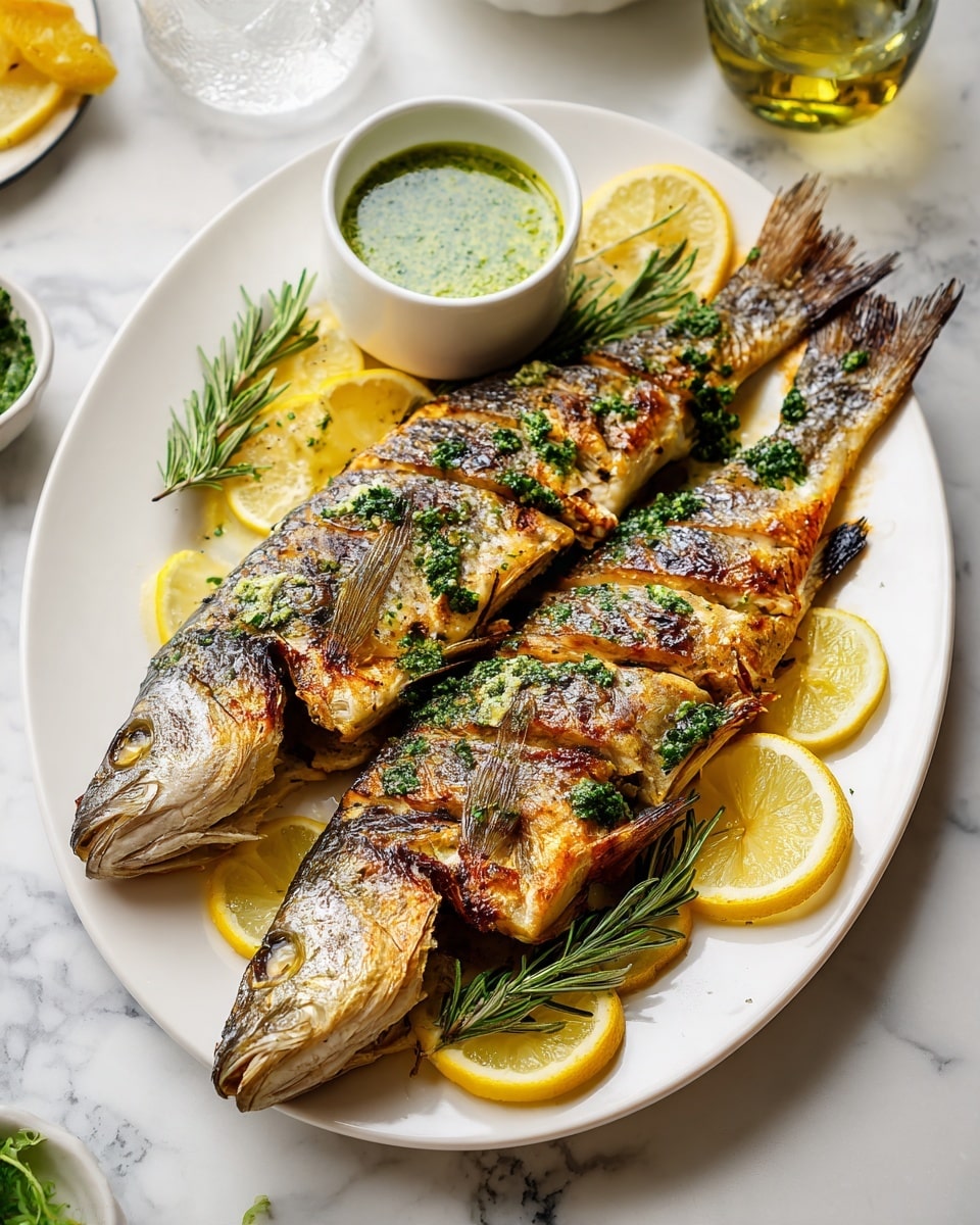 Two whole grilled fish with golden brown, slightly crispy skin and sliced cuts on the top are placed side by side on a large white plate. The fish lie on a bed of thin lemon slices showing bright yellow and green textures beneath them. Around the plate, fresh green herbs and lemon wedges are arranged for decoration. A small white bowl filled with a creamy, light yellow sauce with chopped green herbs sits at the top center of the plate. The plate rests on a white marbled surface with soft natural light coming from the background. photo taken with an iphone --ar 4:5 --v 7
