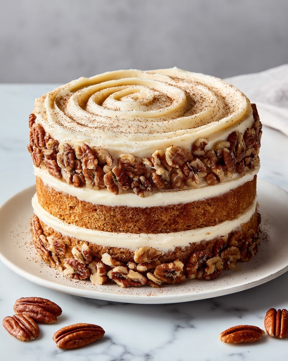 The image shows a three-layer round cake on a white plate against a white marbled surface. Each layer of the cake is golden brown with a moist texture, separated by thick, creamy off-white frosting layers. The top frosting layer is smooth with a swirl pattern and lightly dusted with a brown powder. The sides of the cake are covered with whole pecan halves, tightly packed around the frosting, giving a textured look. Some pecans are scattered beside the plate. photo taken with an iphone --ar 4:5 --v 7
